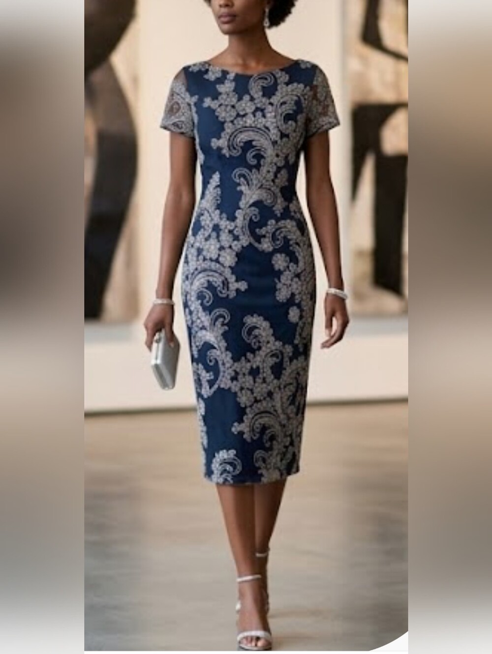 JS Collections Navy Blue Silver Soutache Sheath Dress Size 10